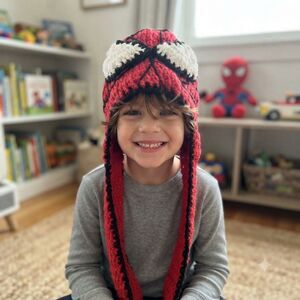Spider-Man Crocheted Knitted Beanie Youth 6-8 Years Handmade Ear Flaps Webs